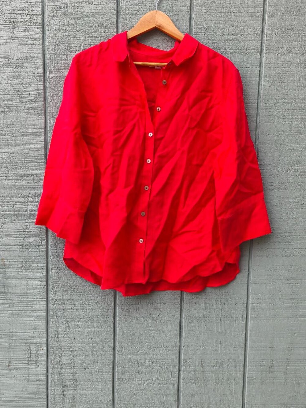 Chico's No Iron 100% Linen Button Down Blouse sz 3/16 Red Office Coastal Beach